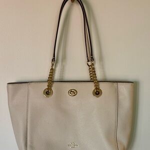 Coach Beige Leather Tote with Gold Accents